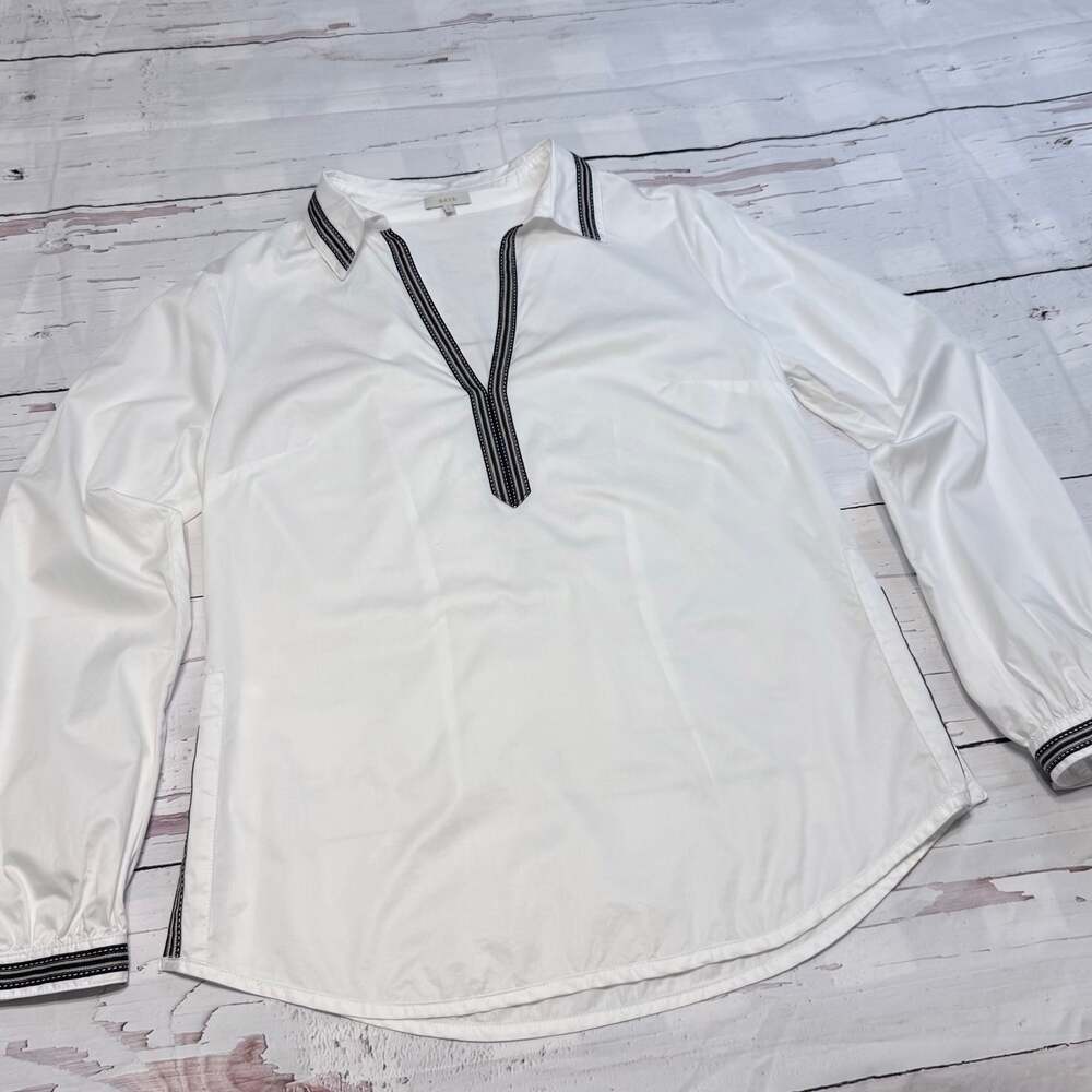 SAYA White Long Sleeve Tunic Top Black Trim Size L
